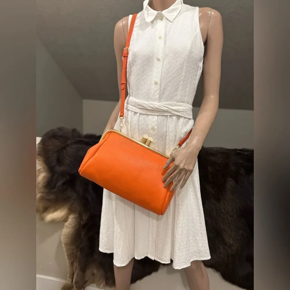 Orange Premium Pebble Cowhide Handmade Large Kiss Lock Handbag/ Multi Use Style